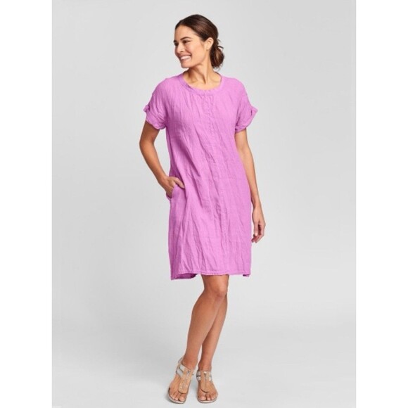 🩷FLAX Shirt Dress 100% LINEN Bubble Gum Pink Breathable Summer Cute Lightwt Sz S - Picture 1 of 16